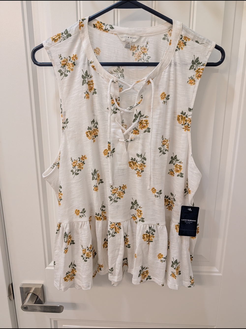 Lucky Brand White Floral Lace-Up Peplum Tank Top
